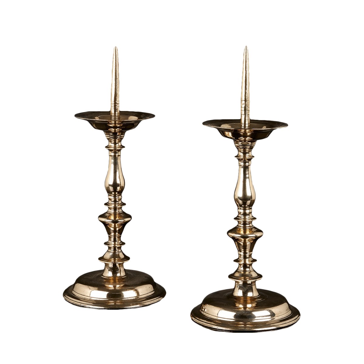 A Pair Of Brass Pricket Candle Sticks, 18th Century.