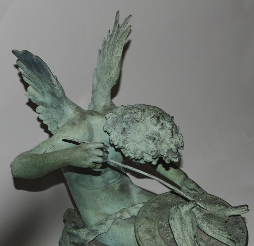 French, Art Nouveau period, patinated bronze figure &quot;Amour aux colombes&quot; - Sculpture Style Art nouveau