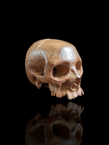 Memento mori, crâne en bois sculpté 17e siècle - Objets de Curiosité Style 