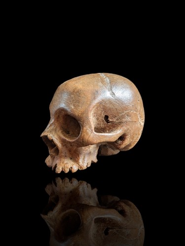 Objets de Curiosité  - Memento mori, crâne en bois sculpté 17e siècle