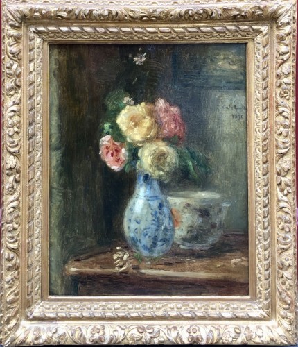 Tableaux et dessins  - Adolphe Félix Cals (1810-1880) Bouquet de fleurs sur un entablement