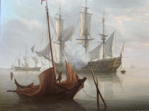 Paintings & Drawings  - Martinus SCHOUMAN (1770–1848) Vessels and boats at anchor in calm seas