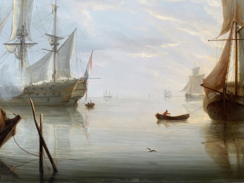 XIXe siècle - Martinus SCHOUMAN (1770–1848) Vaisseaux et canots à voiles au mouillage