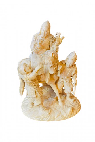 One-piece ivory Okimono, depicting a warrior on horseback with squires Japan, Meiji period