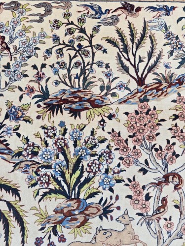 XXe siècle - Tapis Ispahan, scène de chasse persane en laine et soie