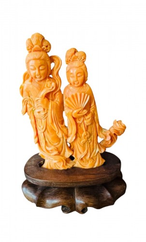 Orange coral group of two goddesses with fan and scepter, China circa 1920