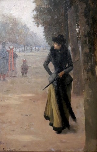 Paul Sinibaldi (1857–1909) - Élégante parisienne déambulant dans un jardin public - Tableaux et dessins Style Art nouveau