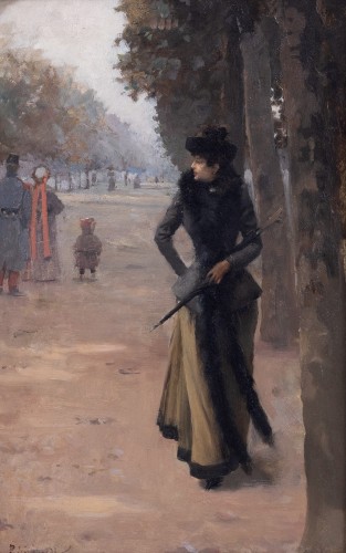 Paul Sinibaldi (1857–1909) - Élégante parisienne déambulant dans un jardin public - Tableaux et dessins Style Art nouveau