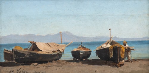 Alessandro La Volpe (1820–1887) - Barques sur le rivage, Naples 1868 - Tableaux et dessins Style Napoléon III