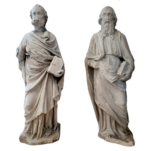 Sculptures des apôtres Pierre et Paul en pierre calcaire époque gothique