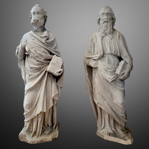 Sculptures des apôtres Pierre et Paul en pierre calcaire époque gothique - Sculpture Style Moyen Âge