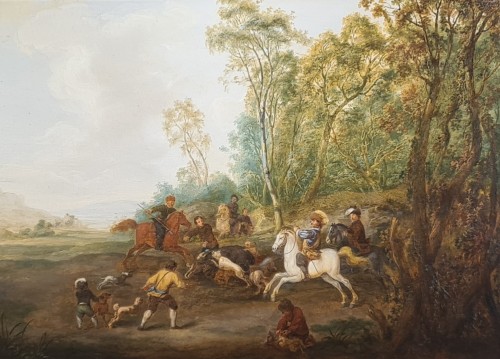 Nicolas Louis Albert Delerive (1755  -1818)  Boar hunting scene and hunting stop - 