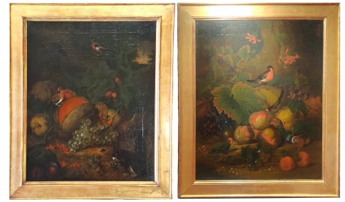 Paire de nature morte aux fruits, perruches et écureuil, école française du 19e siècle