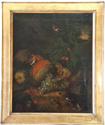 Tableaux et dessins  - Paire de nature morte aux fruits, perruches et écureuil, école française du 19e siècle