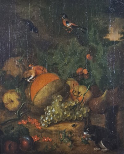 Pair of Still Life with Fruit, Parakeets and Squirrel, French school of the 19th century - 