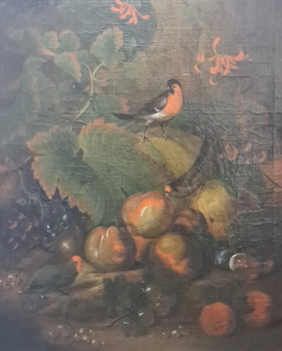 XIXe siècle - Paire de nature morte aux fruits, perruches et écureuil, école française du 19e siècle