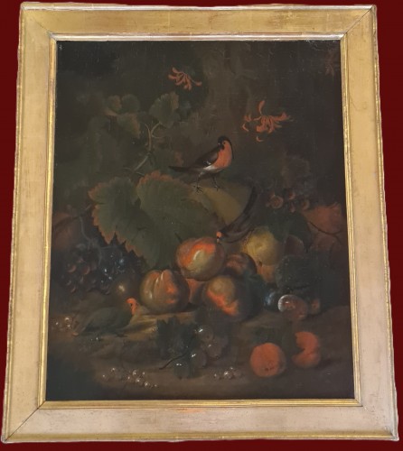 Antiquités - Paire de nature morte aux fruits, perruches et écureuil, école française du 19e siècle