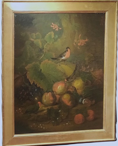 Antiquités - Paire de nature morte aux fruits, perruches et écureuil, école française du 19e siècle