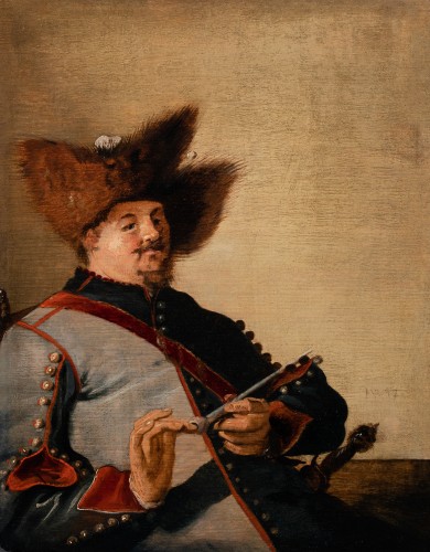 Tableaux et dessins Tableaux XVIIe siècle - Portrait d’un militaire bourrant sa pipe. Hendrick Gerritsz. Pot (1581-1657) Attr