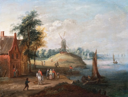 Tableaux et dessins Tableaux XVIIe siècle - Paysage d’estuaire animé de villageois et pêcheurs, École de Jan Brueghel le Jeune