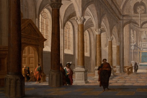 Intérieur de Cathédrale animé de personnages. Hendrick van Steenwijck II (1580-1649) - Tableaux et dessins Style 