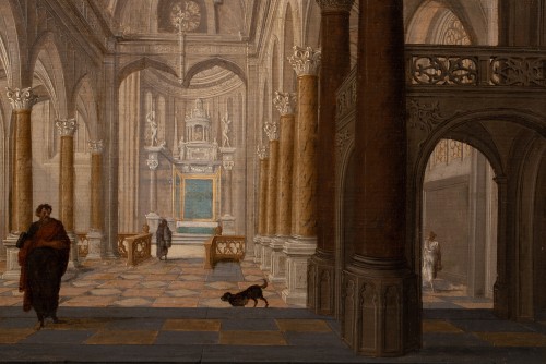 Tableaux et dessins Tableaux XVIIe siècle - Intérieur de Cathédrale animé de personnages. Hendrick van Steenwijck II (1580-1649)