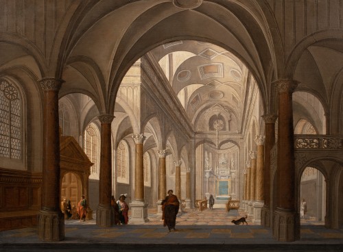 Intérieur de Cathédrale animé de personnages. Hendrick van Steenwijck II (1580-1649) - Galerie FC Paris