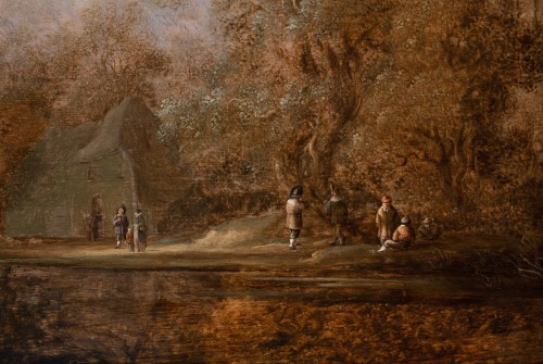 Paysage d’estuaire avec pêcheurs et promeneurs. Salomon Van Ruysdael & atelier XVIIe - Tableaux et dessins Style 