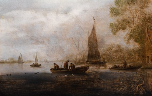 Tableaux et dessins Tableaux XVIIe siècle - Paysage d’estuaire avec pêcheurs et promeneurs. Salomon Van Ruysdael & atelier XVIIe