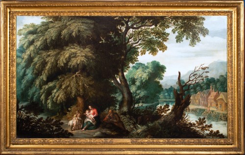 Paysage boisé avec le repos de la Sainte Famille, École Flamande du XVIIe siècle