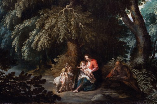 Paysage boisé avec le repos de la Sainte Famille, École Flamande du XVIIe siècle - Tableaux et dessins Style 