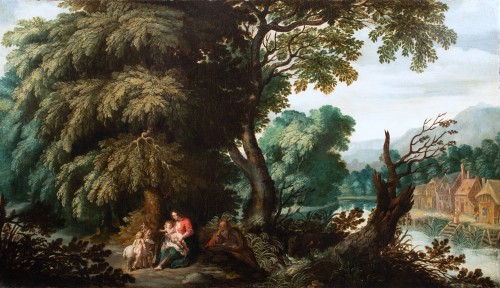 Paysage boisé avec le repos de la Sainte Famille, École Flamande du XVIIe siècle - Galerie FC Paris