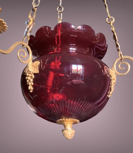 Bronze and Ruby Crystal Lantern, Bohemian 19th Century - Lighting Style Louis-Philippe