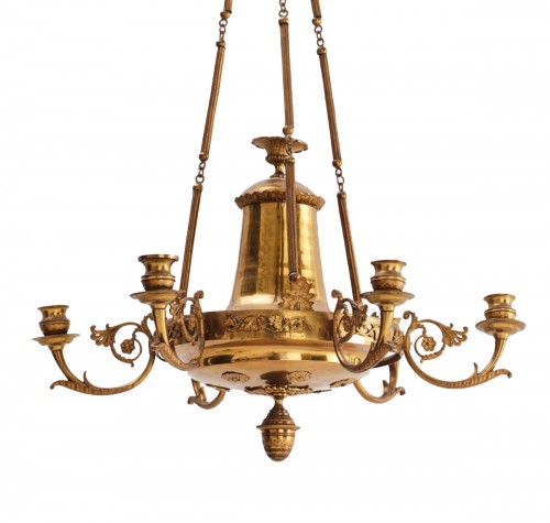 Empire Chandelier Gilt Bronze with grape motives , 6 Lights, Sweden Early 1