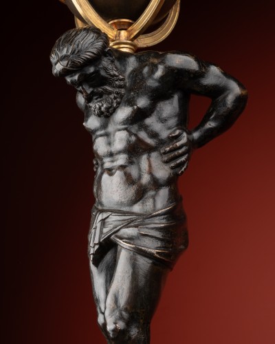 Sculpture  - 17th Century Bronze of an Atlas set with a candlestick-globe