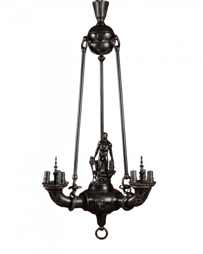 Bronze Neo-Pompeian Chandelier by Hermann Hohn with a sculpture by Otto Sch