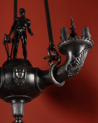 Bronze Neo-Pompeian Chandelier by Hermann Hohn with a sculpture by Otto Sch - 