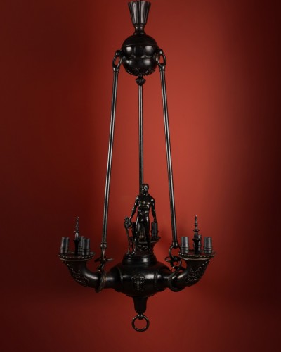 Bronze Neo-Pompeian Chandelier by Hermann Hohn with a sculpture by Otto Sch - 