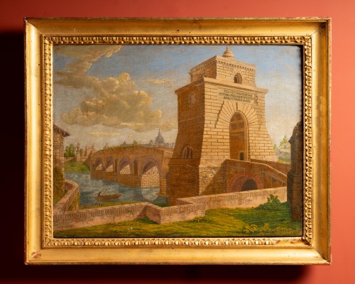 Paire de vedute romaines représentant le Pont Milvius et la Navicella - Tableaux et dessins Style Louis XVI