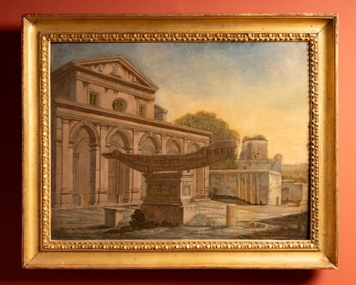 Tableaux et dessins Tableaux XVIIIe siècle - Paire de vedute romaines représentant le Pont Milvius et la Navicella