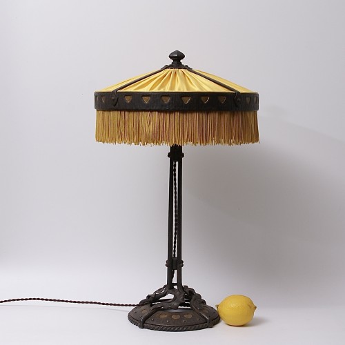 20th century - Large Wrought Iron and Silk Table Lamp by Wanner &amp; Co Geneva