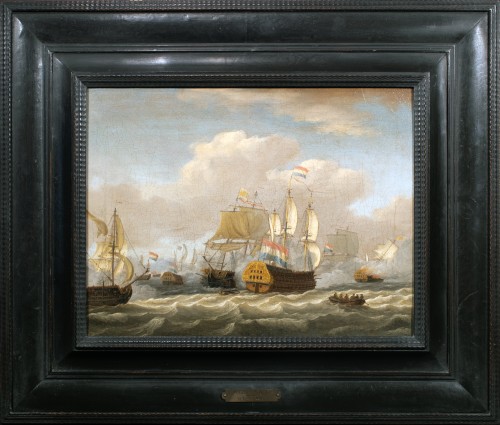 Naval battle by Adam Silo (1674 - 1760), Holland circa 1720