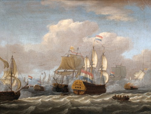 Bataille navale par Adam Silo  (1674 - 1760), Hollande vers 1720 - Tableaux et dessins Style Régence