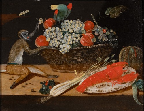 Nature morte au singe  corbeille de fruits et homard, Flandre vers 1700 - Tableaux et dessins Style Louis XIV