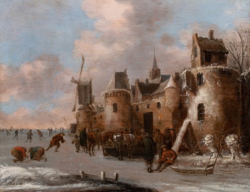 Patineurs et marchands devant les remparts d’Haarlem par Thomas Heeremans , 1681 - Tableaux et dessins Style Louis XVI