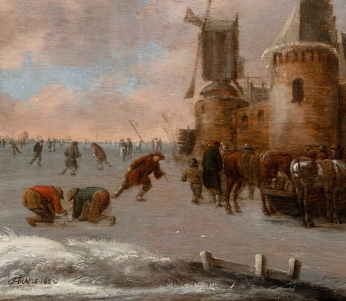 Tableaux et dessins Tableaux XVIIe siècle - Patineurs et marchands devant les remparts d’Haarlem par Thomas Heeremans , 1681