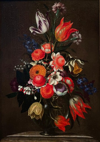 Bartolomeo Ligozzi  (1620 - 1695) - Bouquet dans un vase en verre