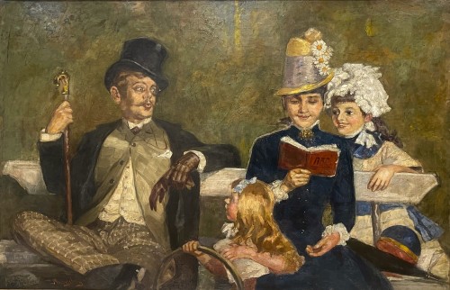Tihamér VON MARGITAY (1859-1922) - Distraction sur un banc public - Tableaux et dessins Style 