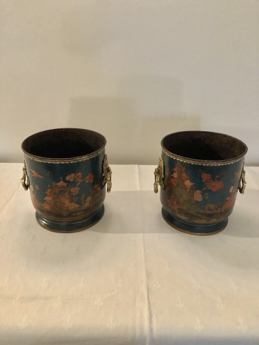 Pair Of Lacquered Metal Plant Pots With Blue Background, Regency Period - 