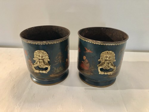 18th century - Pair Of Lacquered Metal Plant Pots With Blue Background, Regency Period